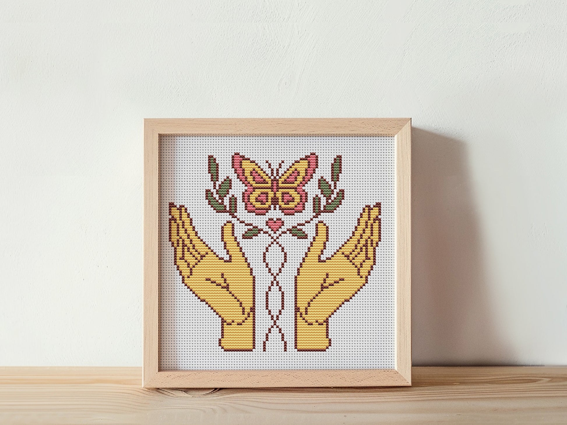 Retro cross stitch pattern PDF of butterfly in hands – vintage nature embroidery design