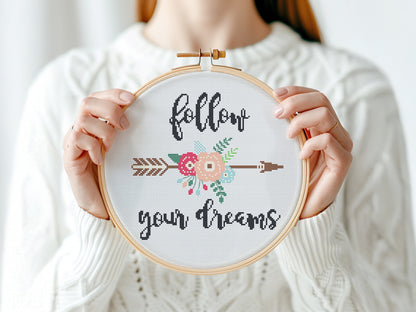 Boho floral cross stitch pattern with “Follow Your Dream” quote – modern inspirational PDF design