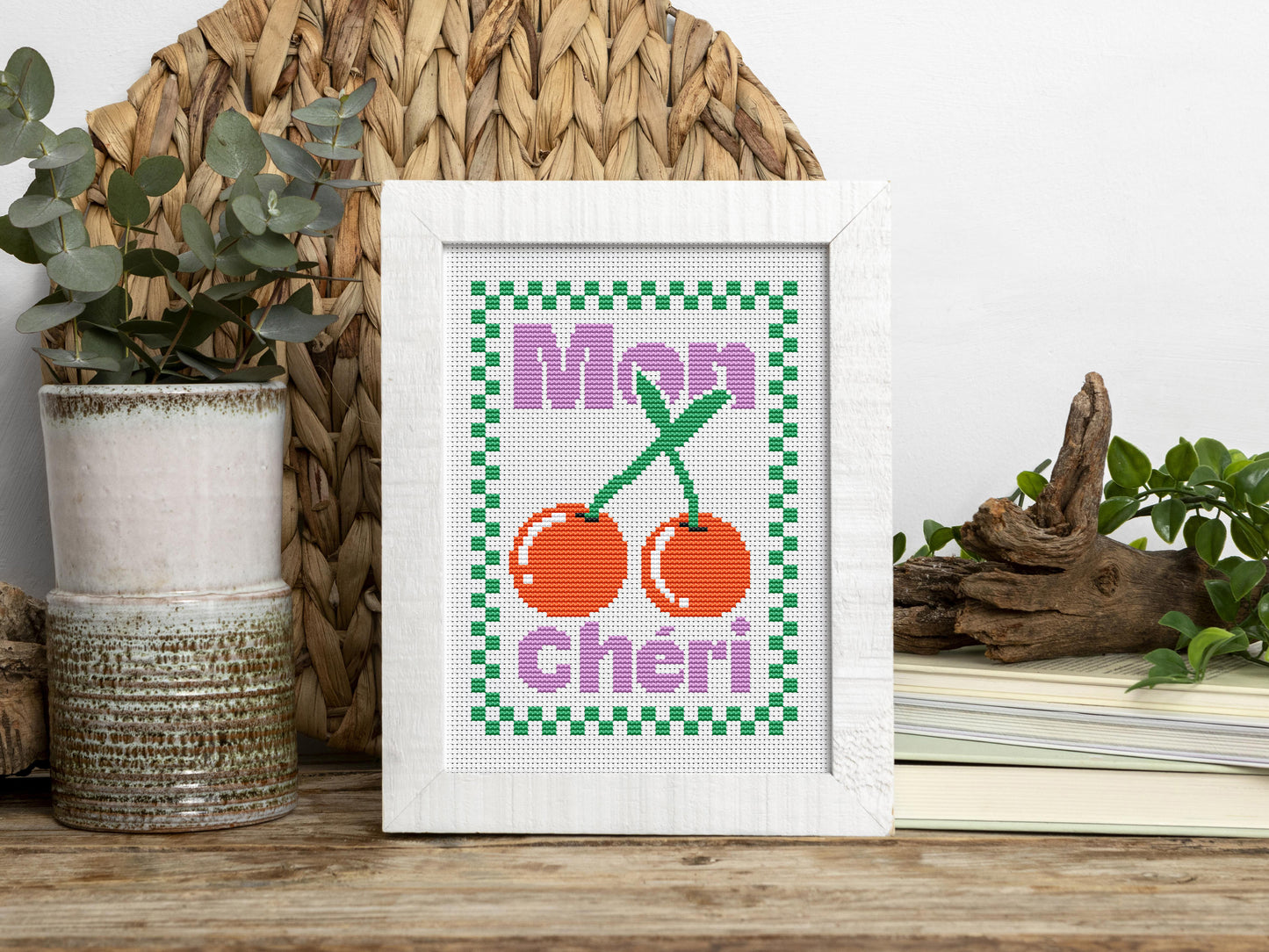 Mon Cherry cross stitch pattern with two cherries and quote in modern style – PDF download.