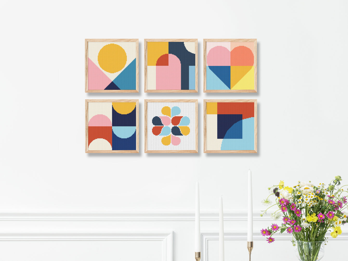 6 Colorful Geometric Shapes Cross Stitch Patterns – Small Modern PDF Set