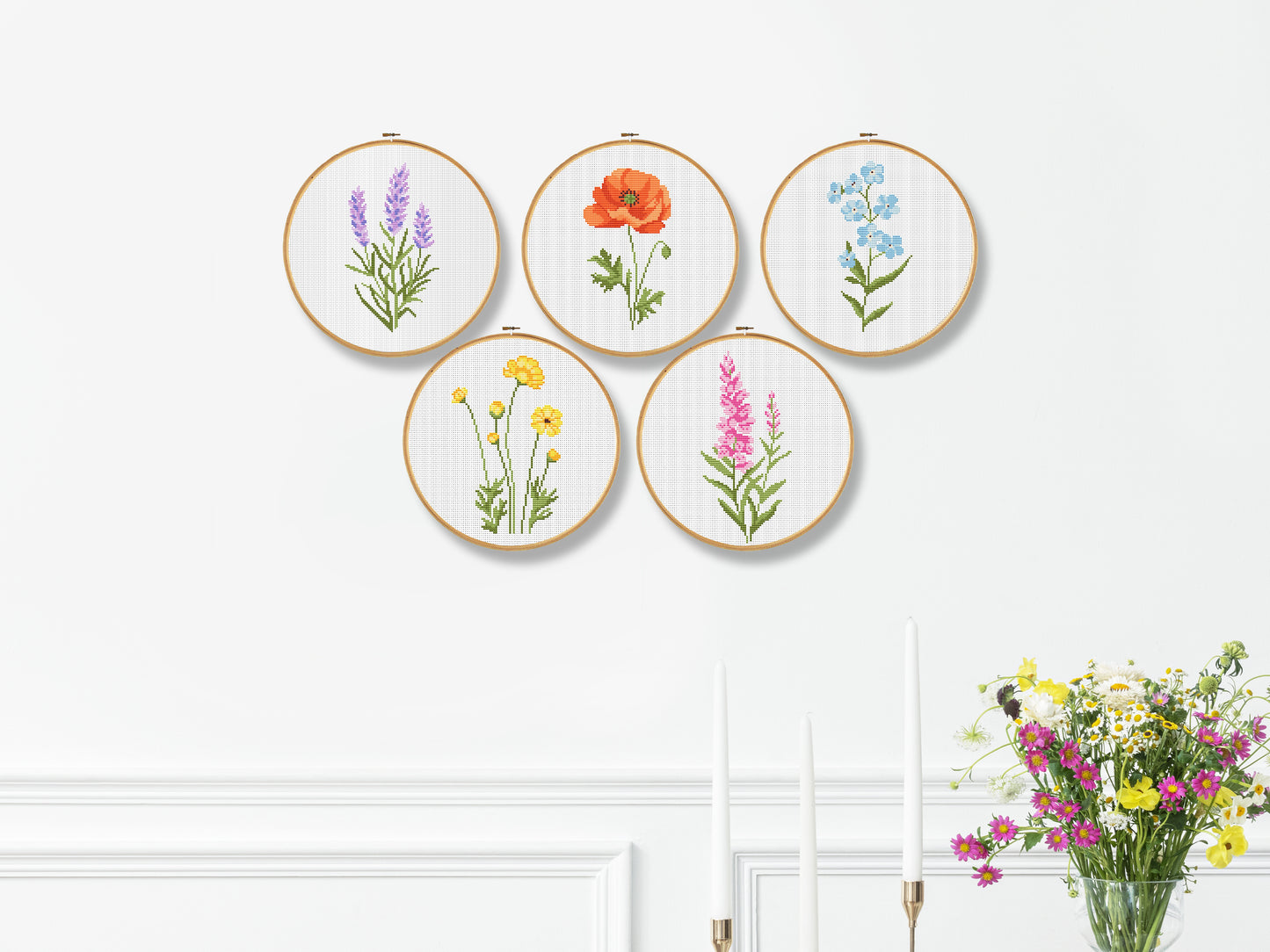 Meadow flower cross stitch pattern set – PDF charts of lavender, poppy, veronica, craspedia, and forget-me-not