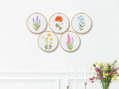 Meadow flower cross stitch pattern set – PDF charts of lavender, poppy, veronica, craspedia, and forget-me-not