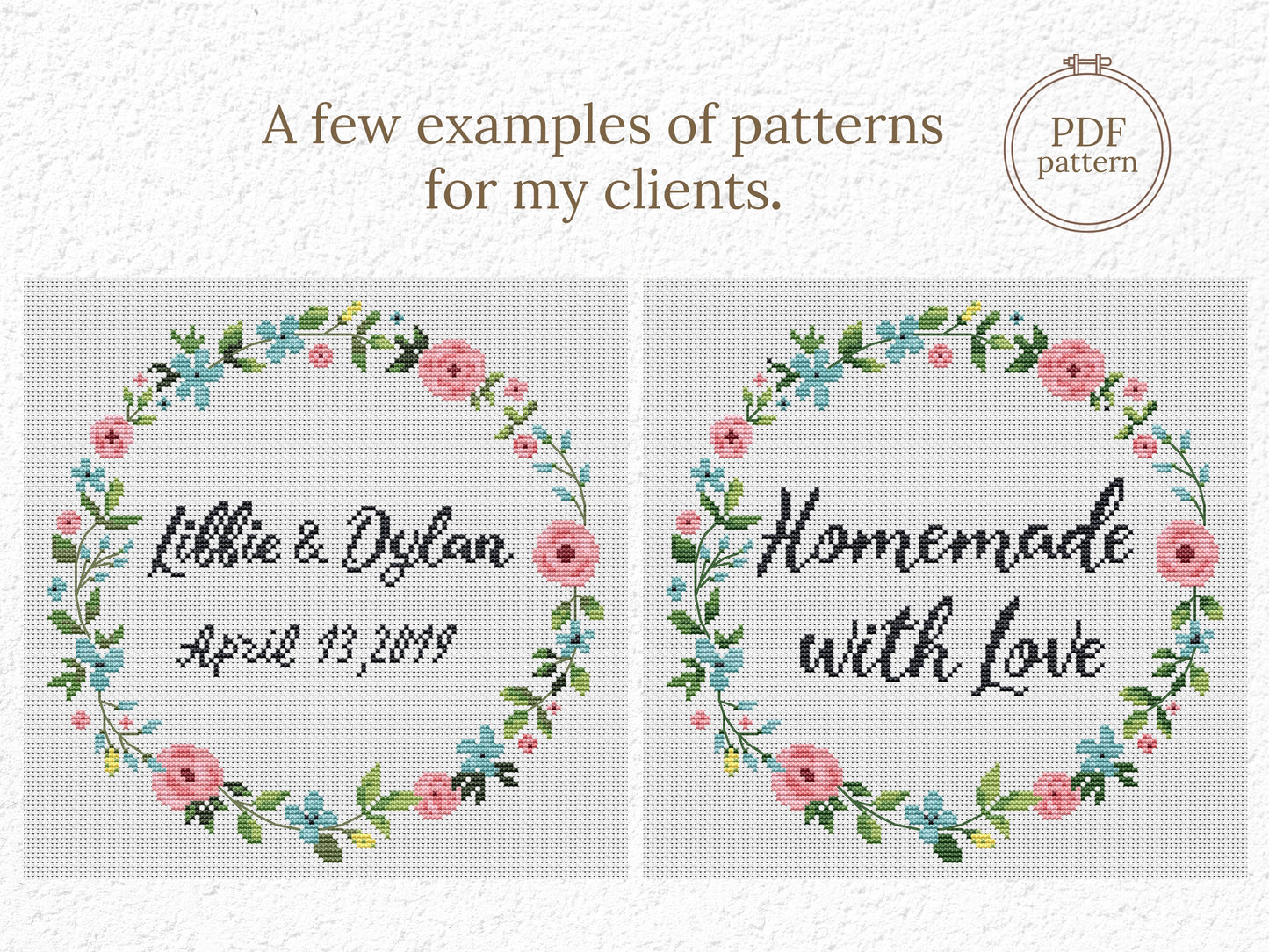 Personalized cross stitch pattern with custom text inside floral wreath - handmade PDF design