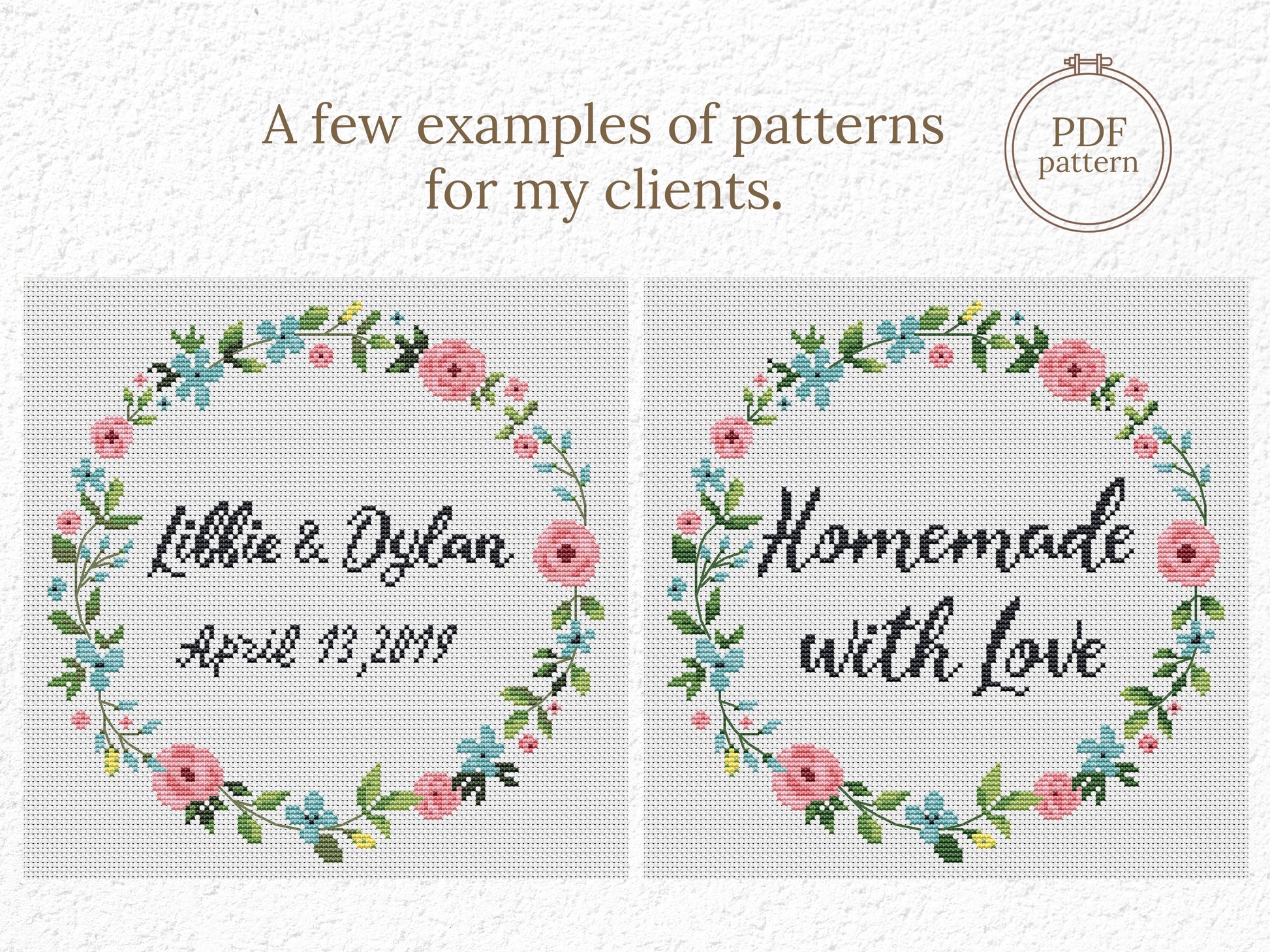 Personalized cross stitch pattern with custom text inside floral wreath - handmade PDF design