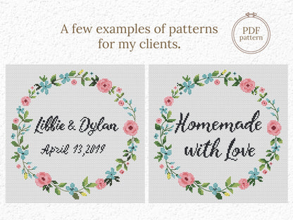 Personalized cross stitch pattern with custom text inside floral wreath - handmade PDF design