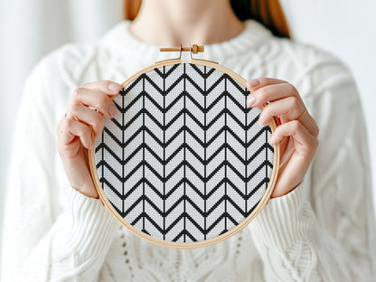Minimal Scandinavian geometric cross stitch pattern in black and white, modern PDF embroidery design