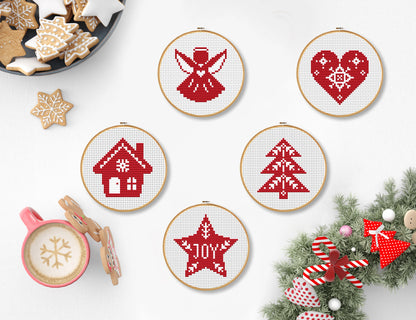 Set of 5 mini Christmas cross stitch patterns, festive holiday embroidery designs