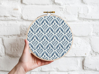 Blue geometric floral cross stitch pattern, digital PDF for modern embroidery