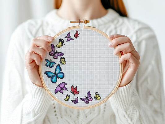 Spring cross stitch pattern with colorful butterflies and floral wreath – modern PDF embroidery design