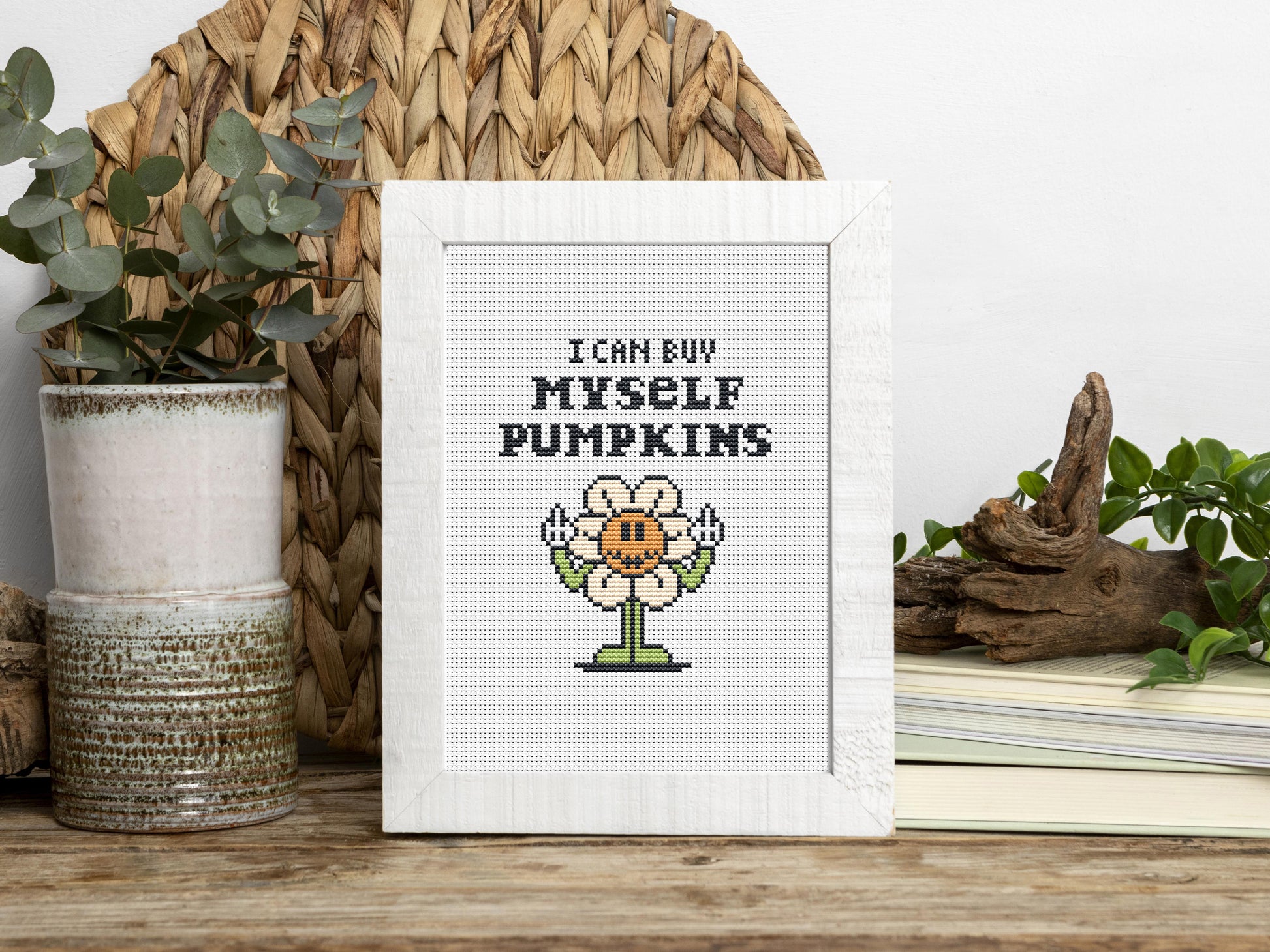 I Can Buy Myself Pumpkins funny autumn cross stitch pattern – trendy fall quote PDF for modern embroidery
