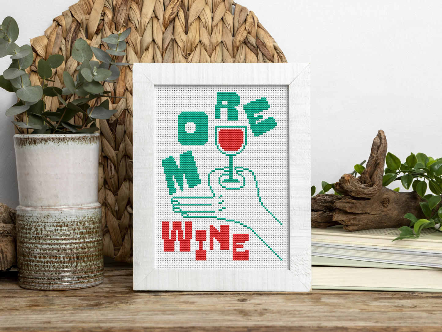 More Wine quote cross stitch pattern in bold modern font – instant PDF download.