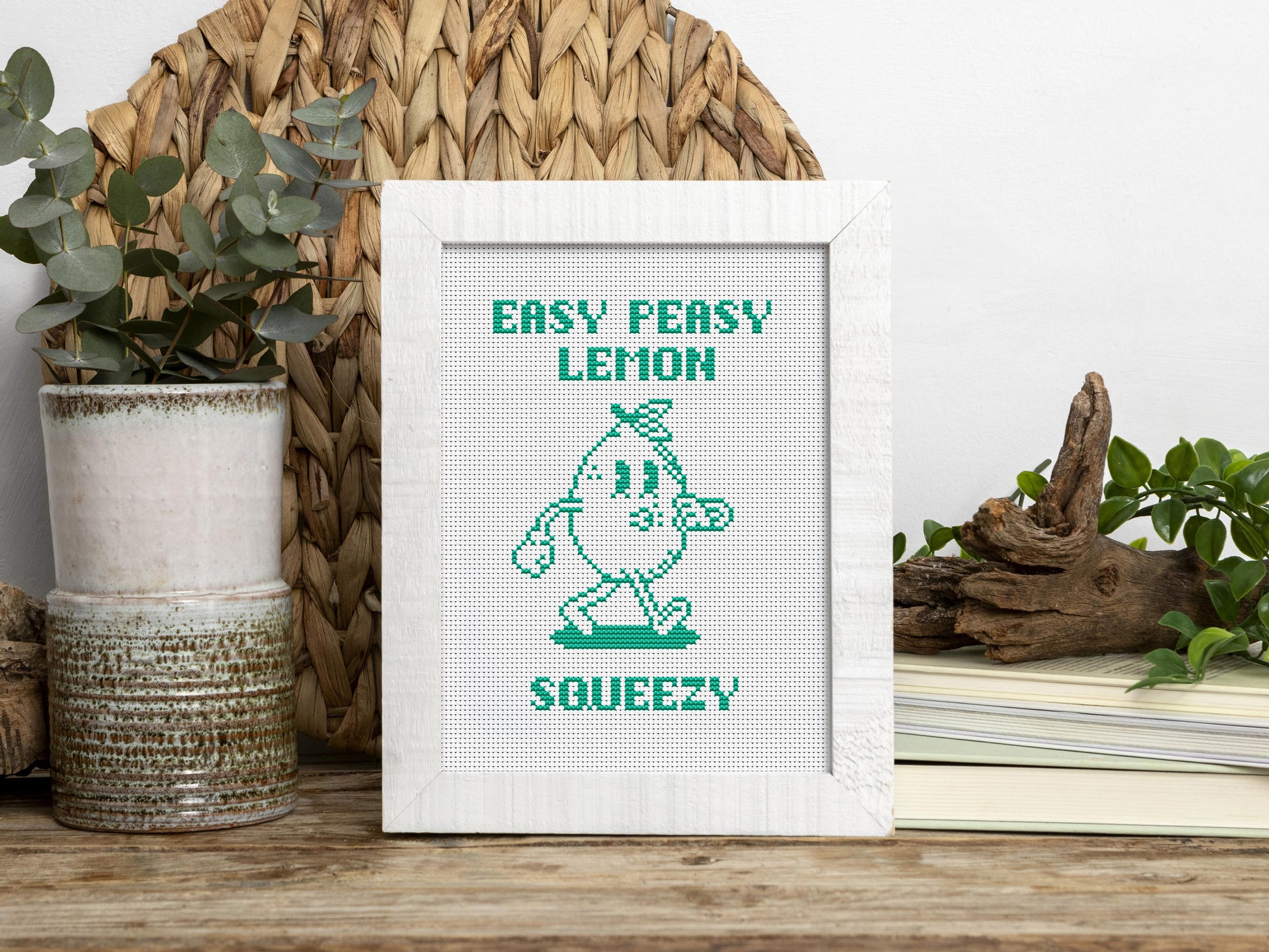 Easy Peasy Lemon Squeezy cross stitch pattern – fun quote PDF chart with lemon design for kitchen