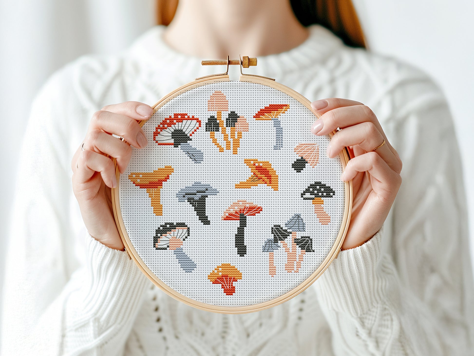 Autumn cross stitch pattern with cozy mushrooms, fall leaves, and seasonal forest elements