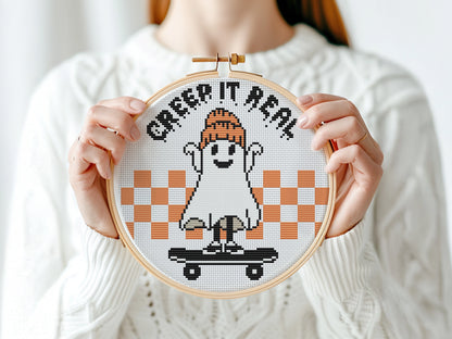 Creepy ghost Halloween cross stitch pattern, spooky embroidery design