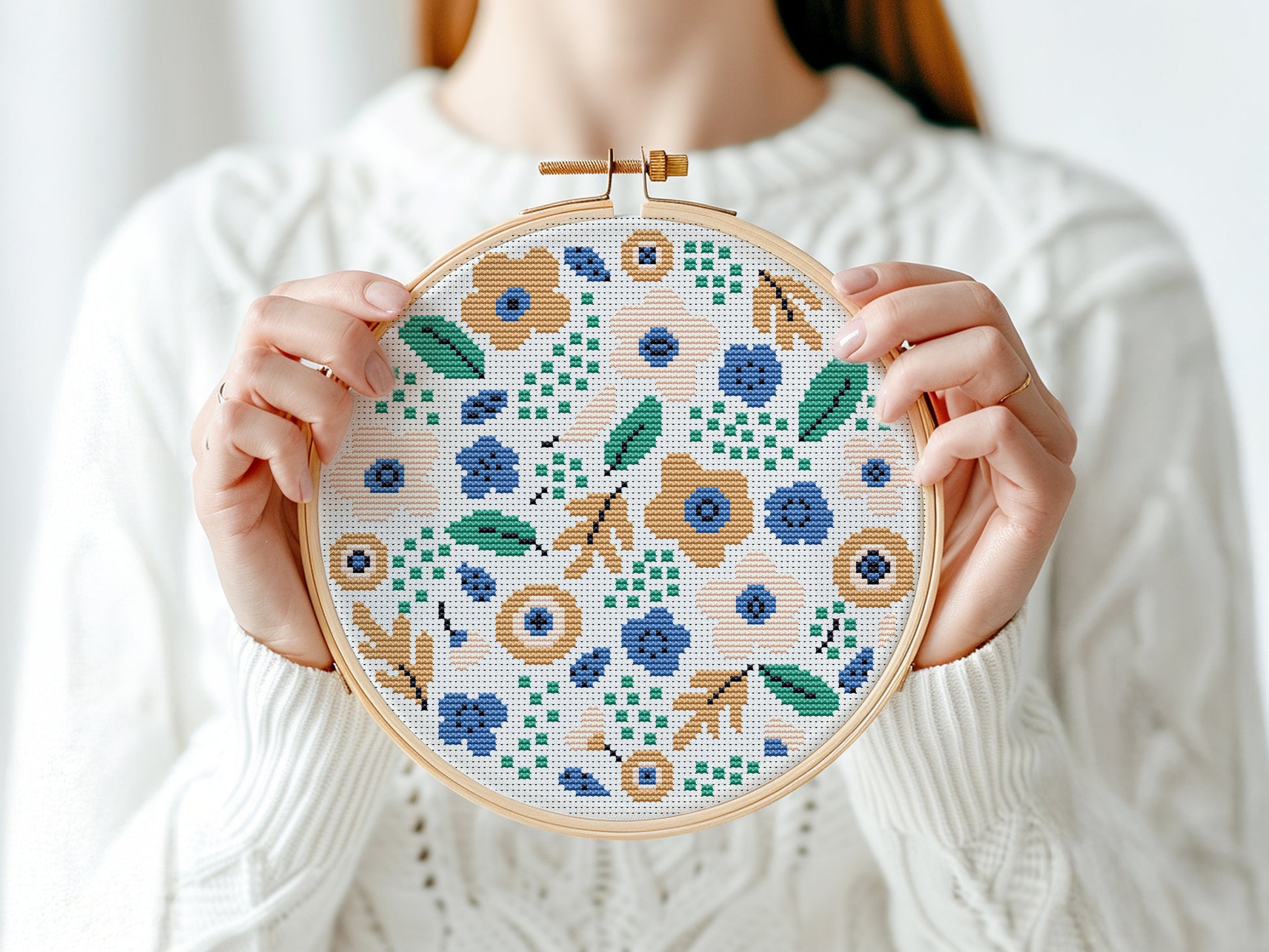 Modern floral bouquet cross stitch pattern – beige spring flowers PDF embroidery design
