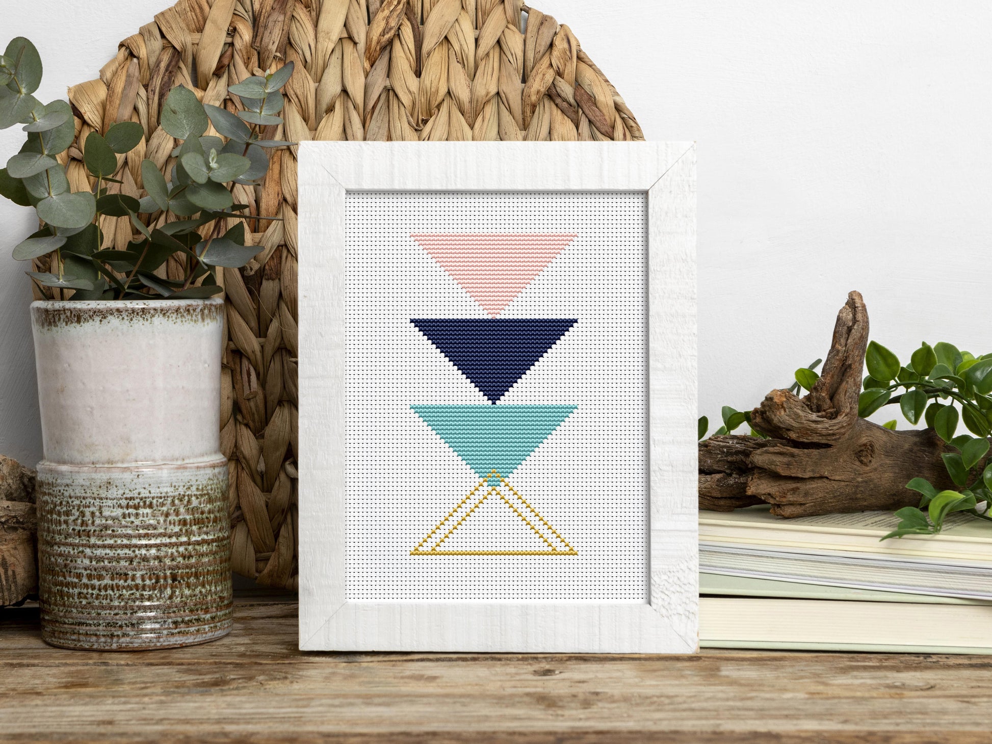 Triangle blue and rose gold abstract cross stitch pattern with modern geometric design