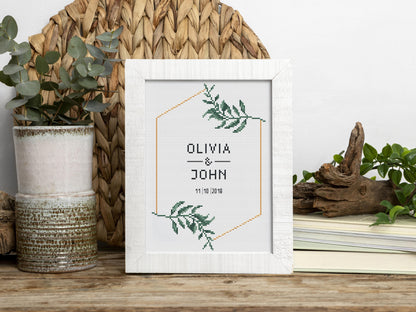 Wedding personalized cross stitch pattern – green wreath – modern minimalist embroidery with alphabet PDF