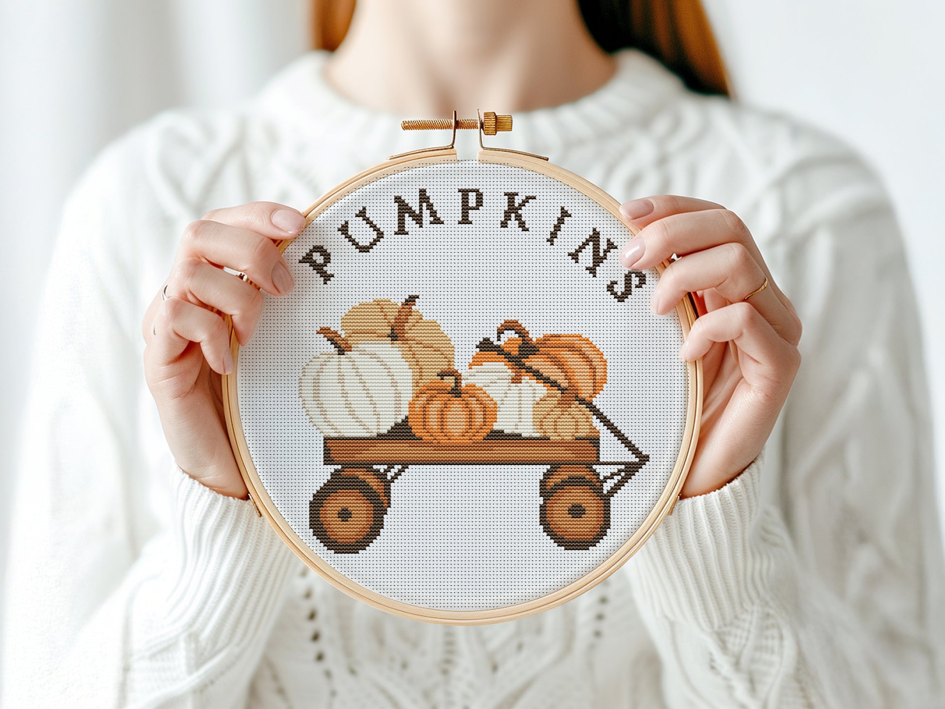 pumpkin cross stitch pattern, cozy autumn embroidery design, fall home decor pdf for beginners

