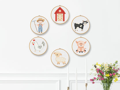 Set of 6 farm animal cross stitch patterns – cow, pig, sheep, chicken, horse, and duck – PDF embroidery charts for kids