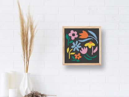 Abstract colorful flowers cross stitch pattern – modern PDF floral design on black canvas for hoop art and creative gifts