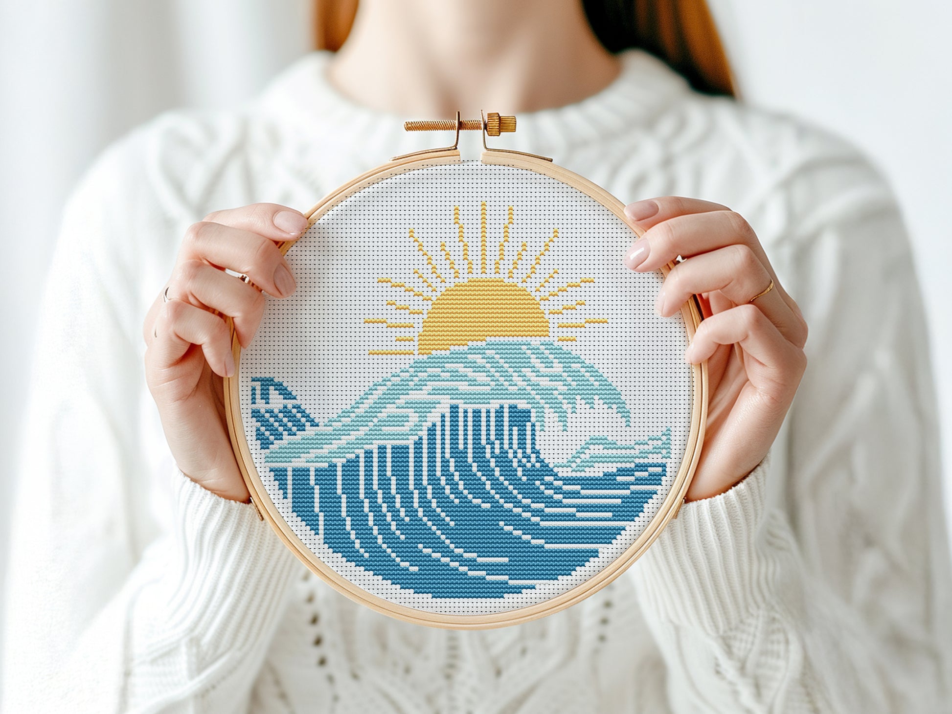 Sun and sea cross stitch pattern – surf vibes embroidery – modern beach PDF design