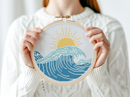 Sun and sea cross stitch pattern – surf vibes embroidery – modern beach PDF design