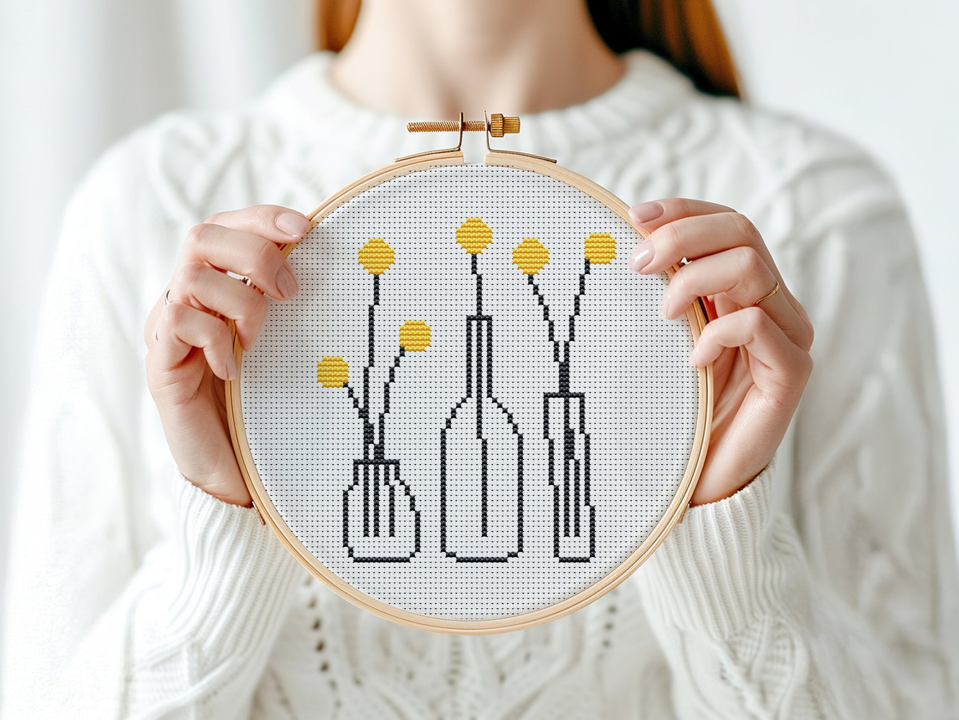 yellow flowers in outline pots cross stitch pattern, minimalist beginner embroidery on white background