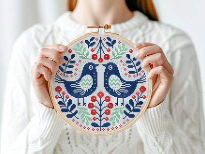 Nordic folk birds in ornaments cross stitch pattern, Scandinavian embroidery design