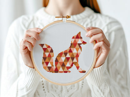 Geometric fox cross stitch pattern made of triangle shapes, modern minimalist PDF embroidery design