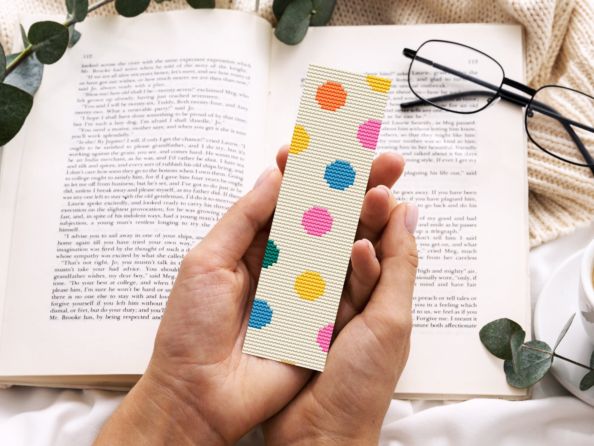Modern abstract cross stitch bookmark set – 4 colorful minimalist PDF patterns for book lovers