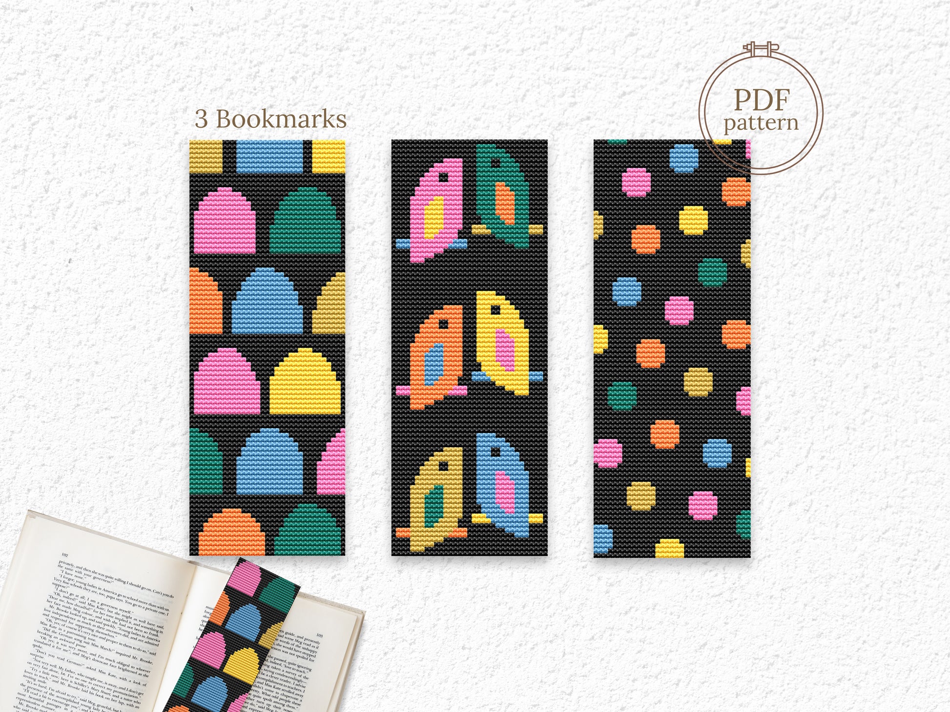 Modern cross stitch bookmarks – abstract PDF patterns on black Aida, colorful handmade gift ideas for readers and stitchers