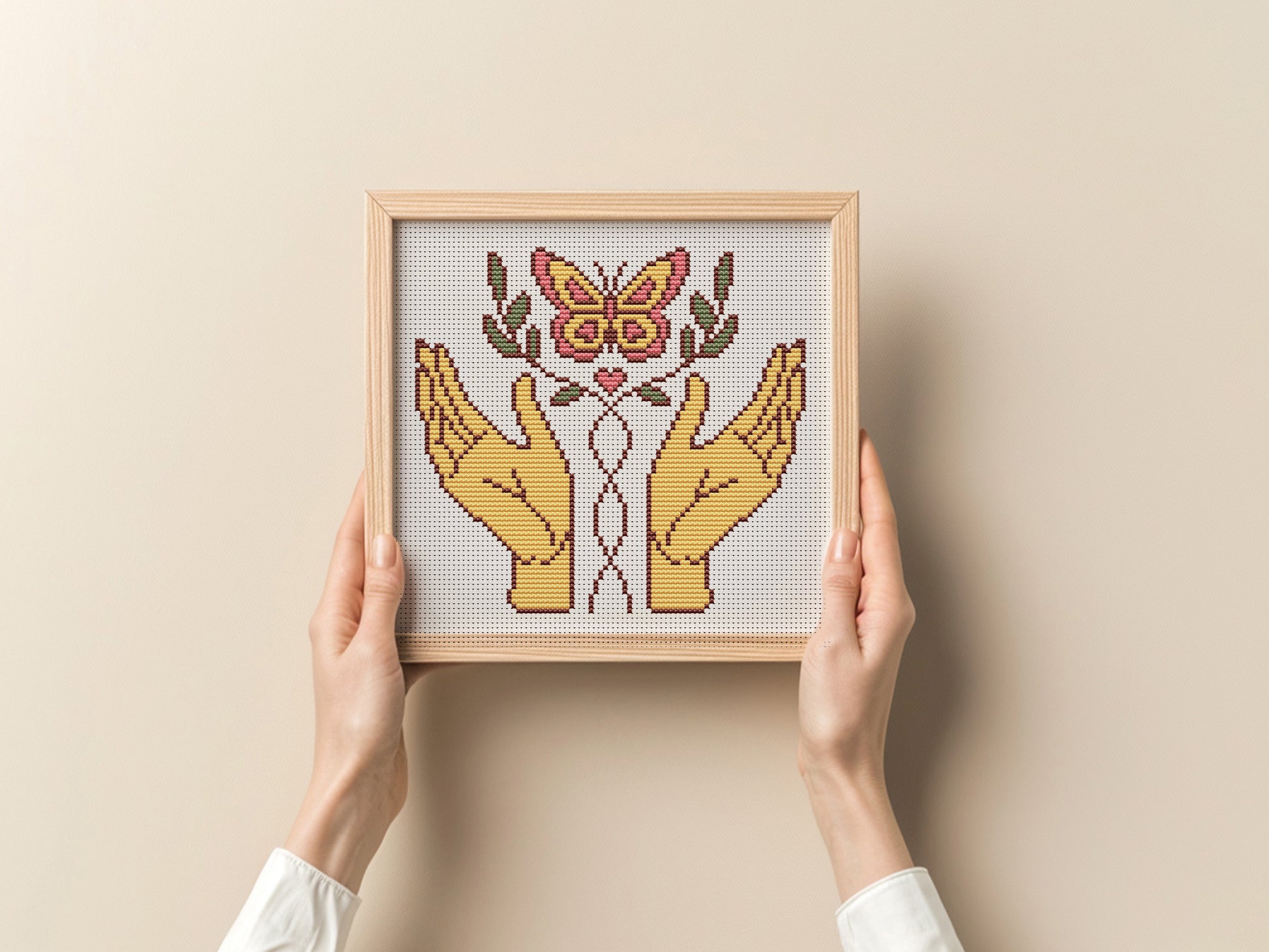 Retro cross stitch pattern PDF of butterfly in hands – vintage nature embroidery design