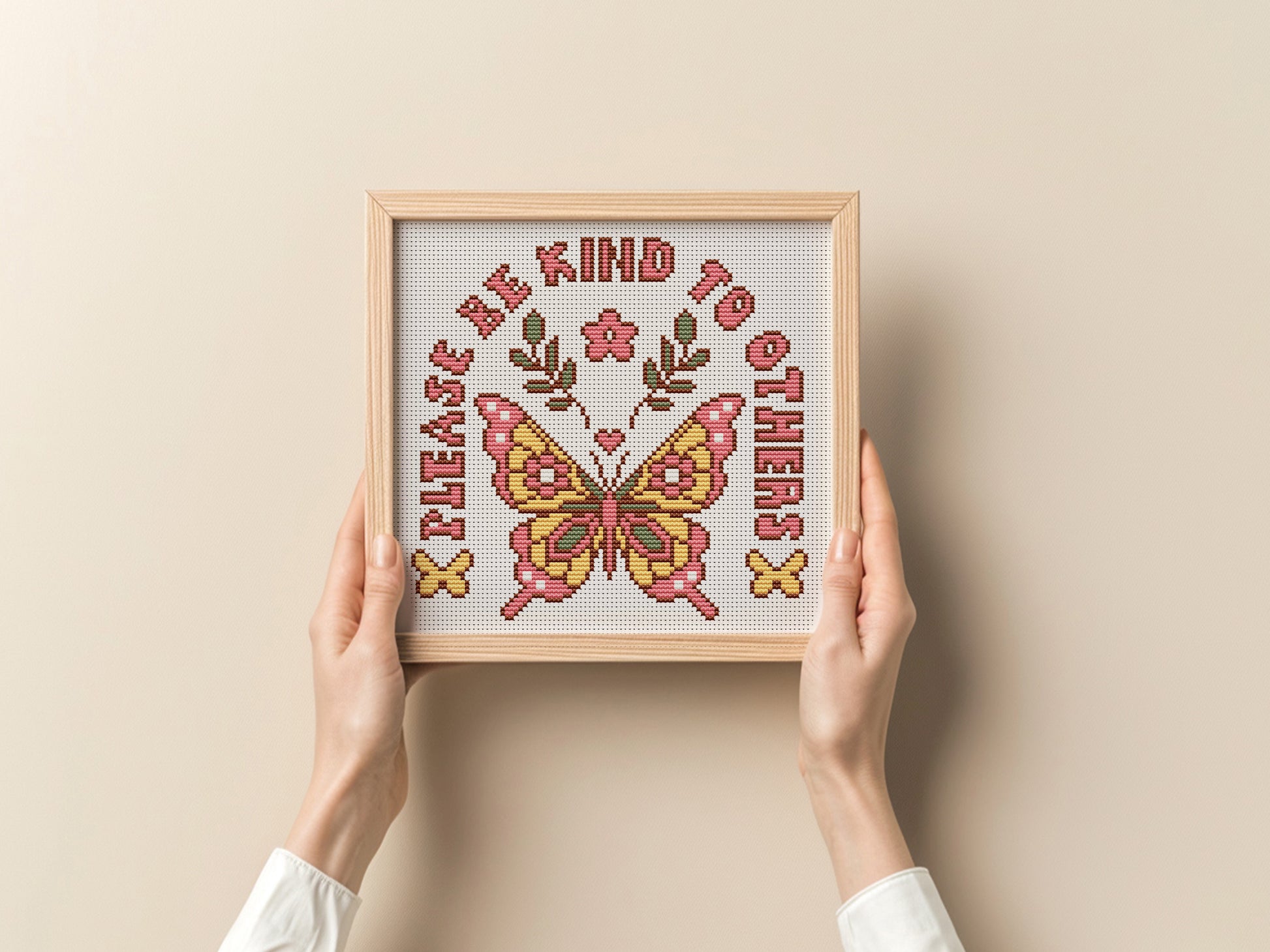 Retro butterfly cross stitch pattern with "Please Be Kind to Others" quote – vintage style PDF embroidery chart