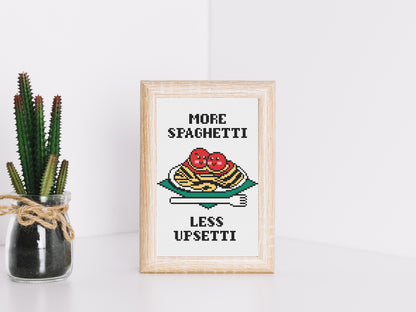 More Spaghetti Less Upsetti cross stitch pattern – funny kitchen quote embroidery PDF for modern food decor