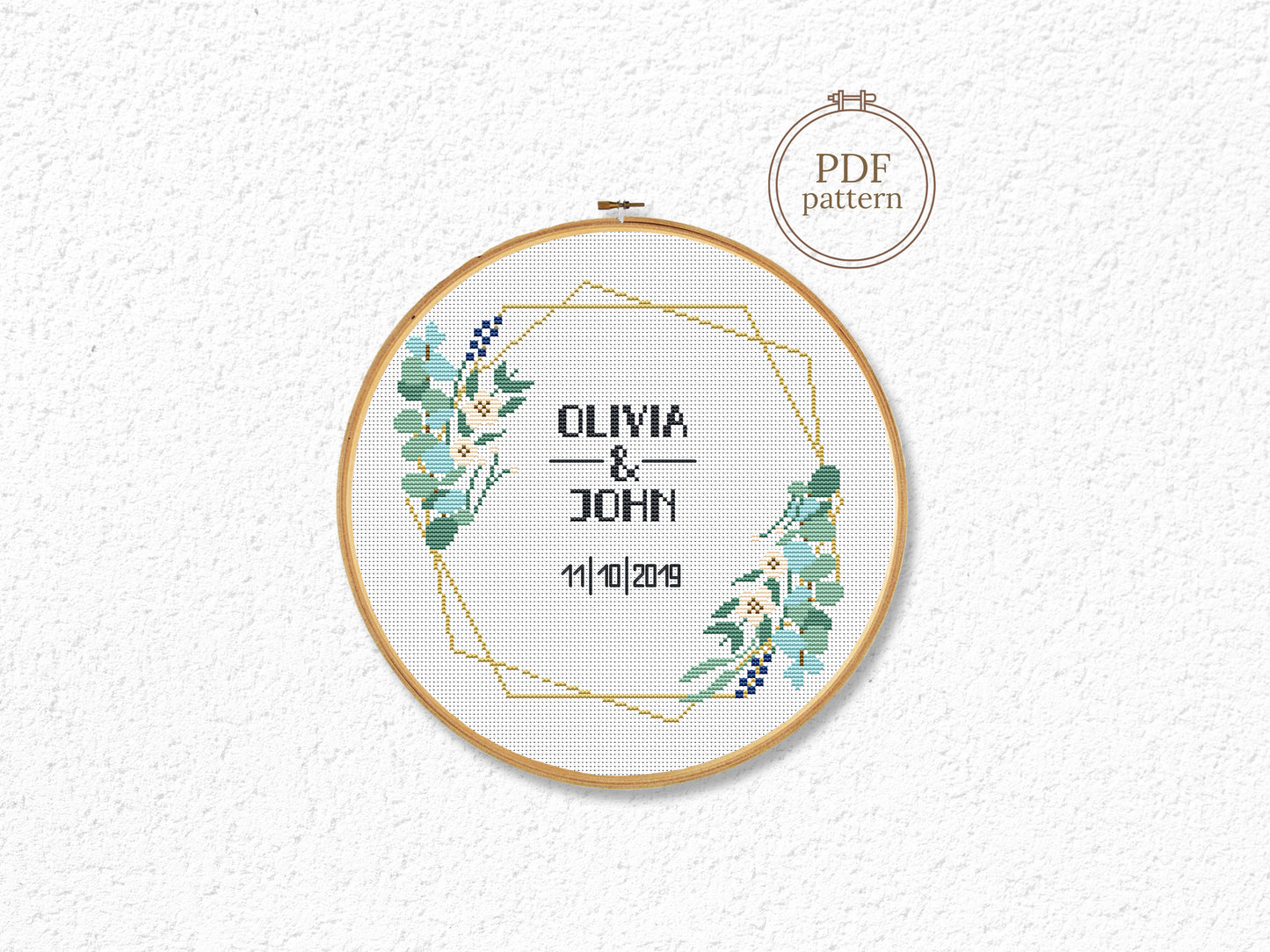 Wedding personalized cross stitch pattern – green leaves frame – modern botanical embroidery PDF with alphabet
