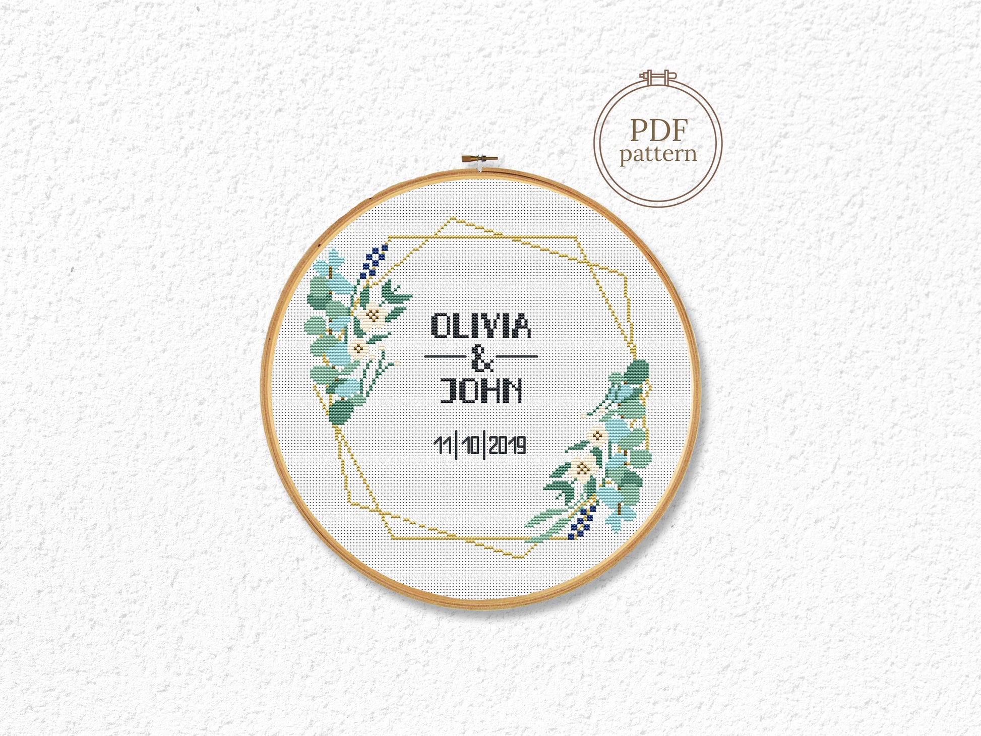 Wedding personalized cross stitch pattern – green leaves frame – modern botanical embroidery PDF with alphabet
