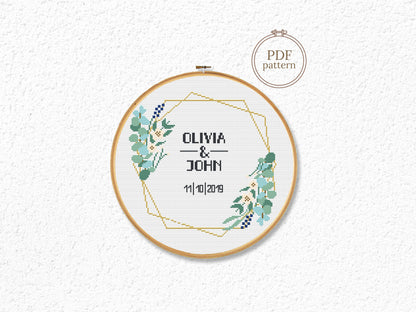 Wedding personalized cross stitch pattern – green leaves frame – modern botanical embroidery PDF with alphabet
