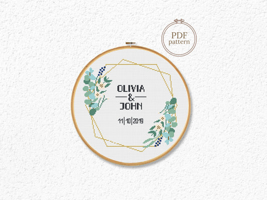 Wedding personalized cross stitch pattern – green leaves frame – modern botanical embroidery PDF with alphabet
