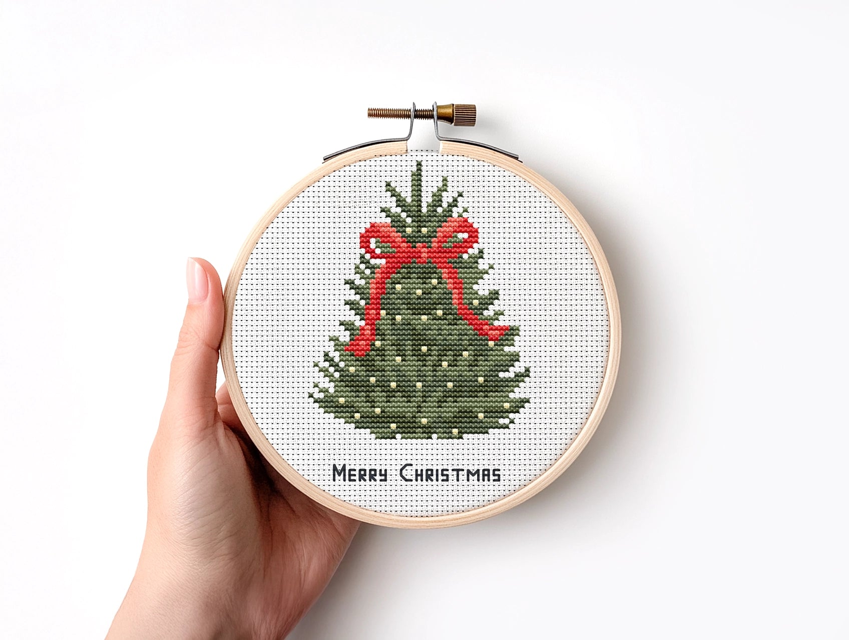 Christmas tree with red bow cross stitch pattern, festive holiday embroidery design