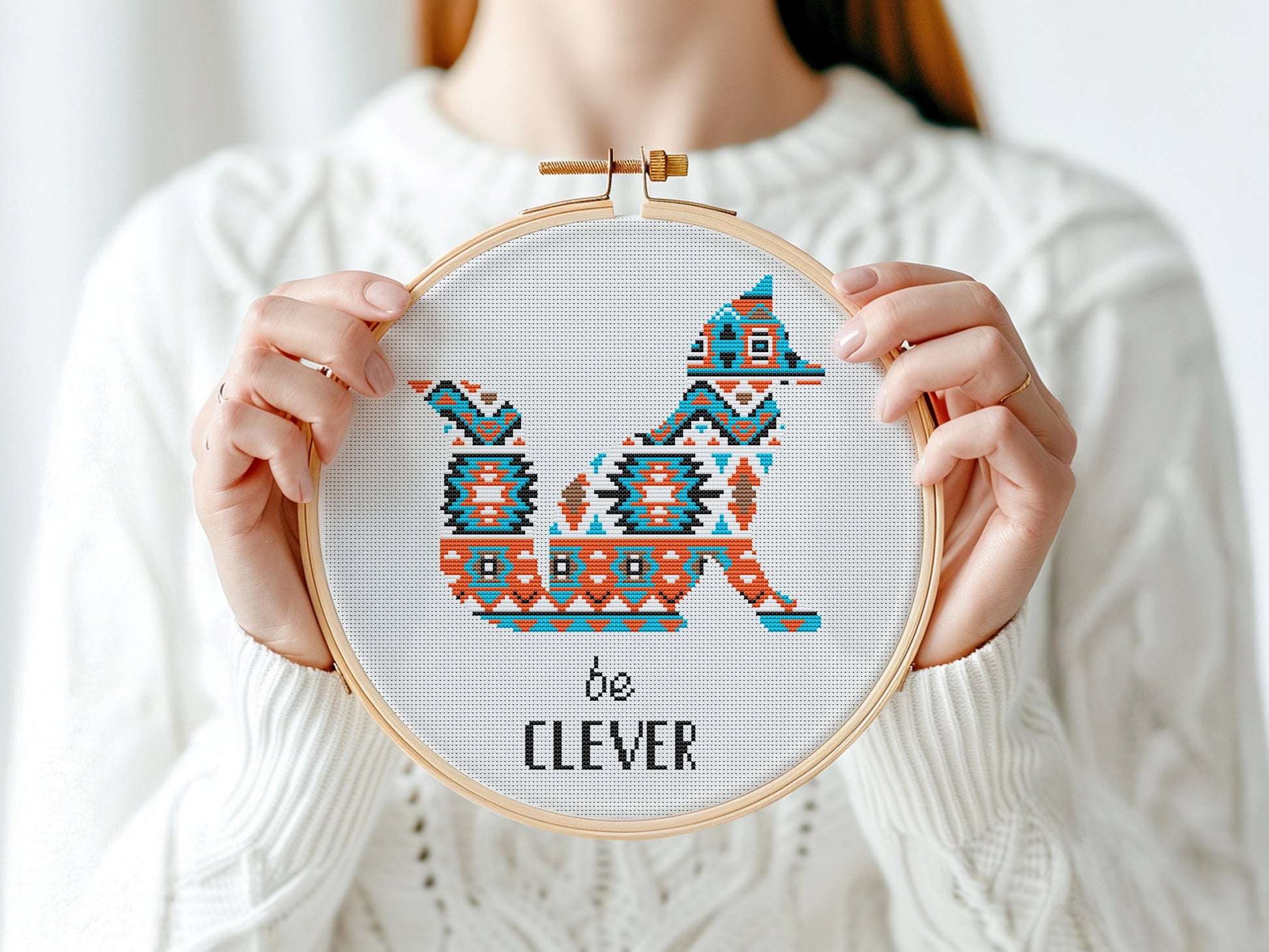 Tribal fox free cross stitch pattern, geometric woodland animal embroidery design