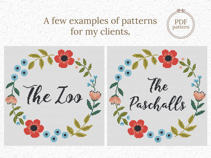 Personalized cross stitch pattern with custom text inside floral wreath - handmade PDF design