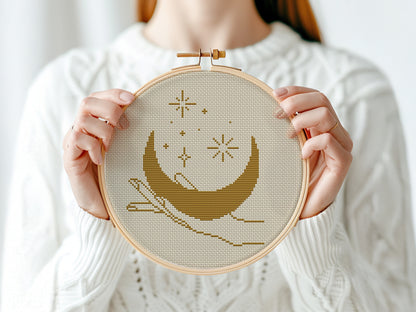 Celestial cross stitch PDF set with mystical moon, stars, hands, and sacred symbols – digital embroidery design