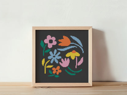 Abstract colorful flowers cross stitch pattern – modern PDF floral design on black canvas for hoop art and creative gifts