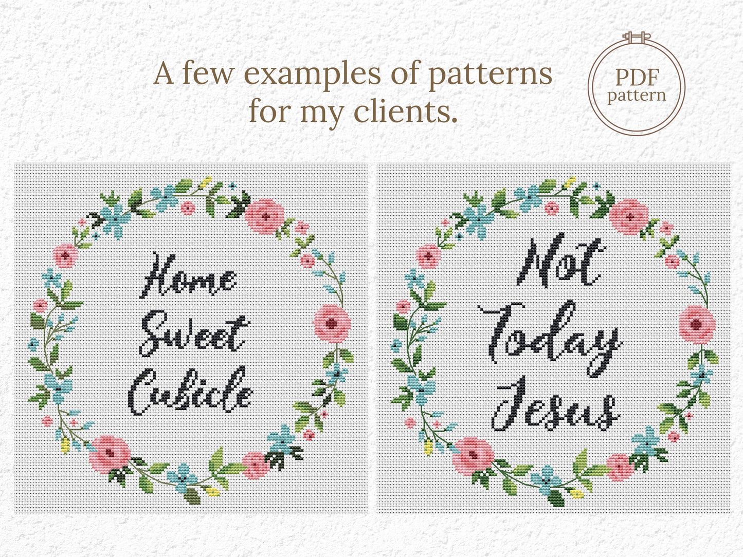 Personalized cross stitch pattern with custom text inside floral wreath — handmade PDF design