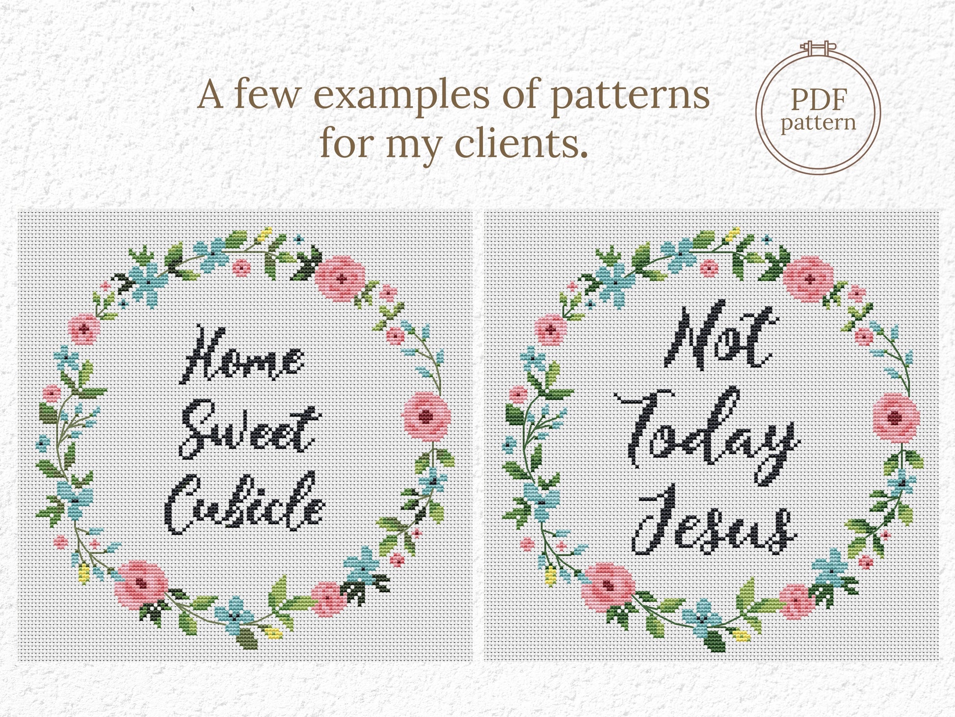 Personalized cross stitch pattern with custom text inside floral wreath — handmade PDF design