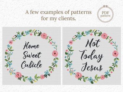 Personalized cross stitch pattern with custom text inside floral wreath — handmade PDF design