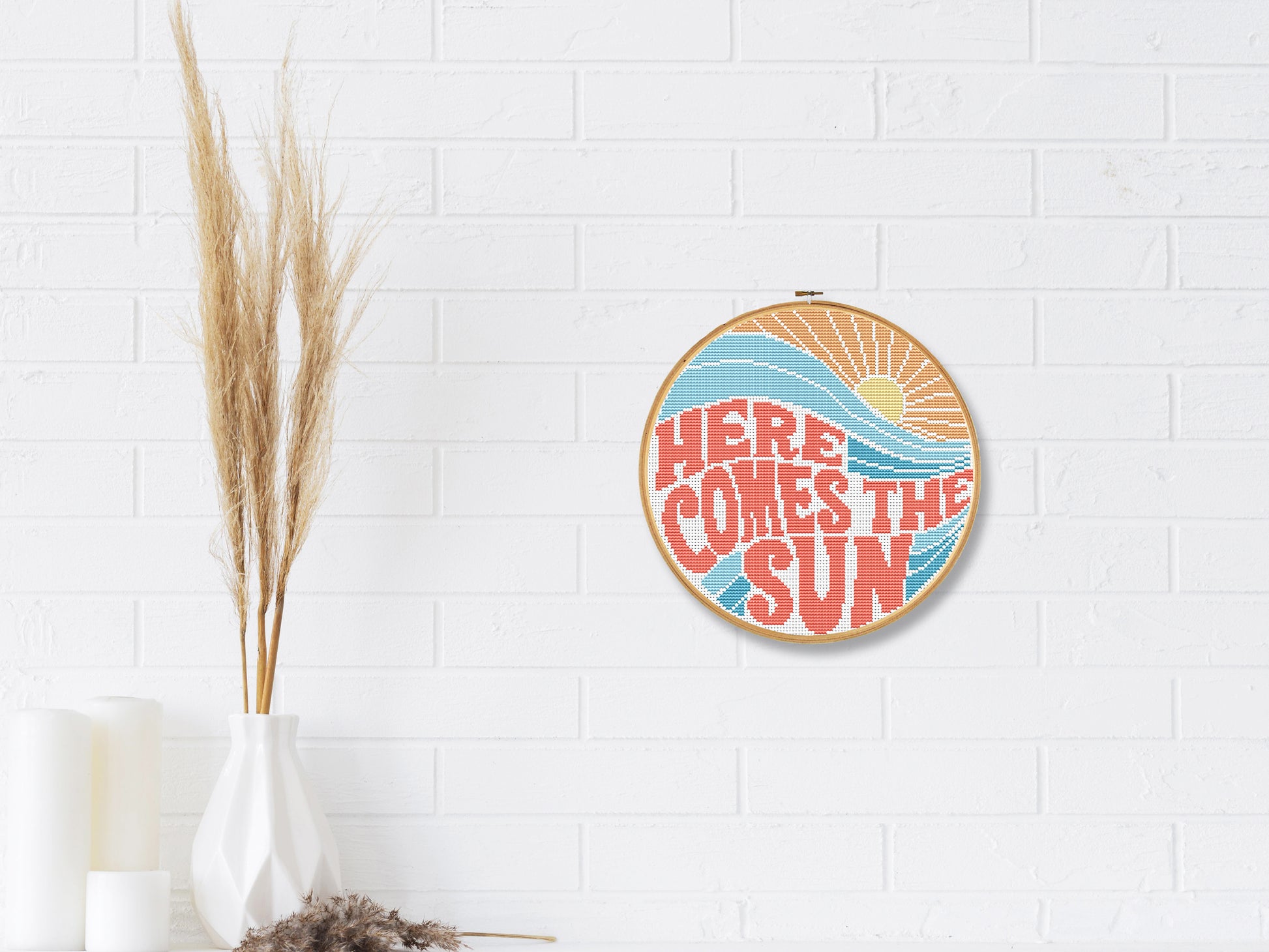 Here Comes the Sun cross stitch pattern – retro summer beach quote PDF
