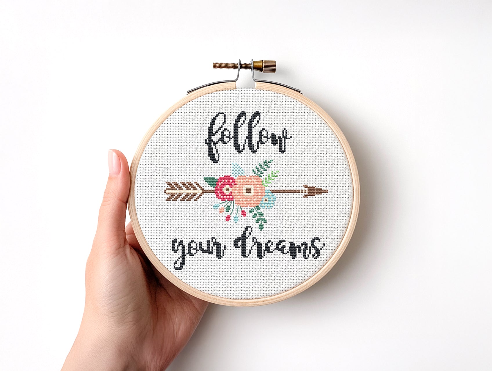 Boho floral cross stitch pattern with “Follow Your Dream” quote – modern inspirational PDF design