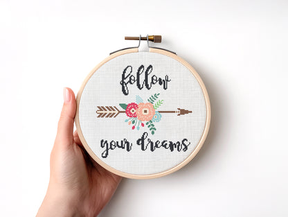 Boho floral cross stitch pattern with “Follow Your Dream” quote – modern inspirational PDF design