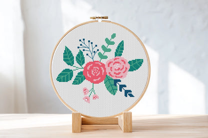 Floral bouquet with roses cross stitch pattern, elegant embroidery design